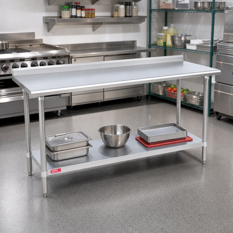 Product image #2 for Duke 24-Inch Wide x 120-Inch Long 14-Gauge Stainless Steel Work Table with 1-1/8-Inch Straight Riser and Galvanized Undershelf