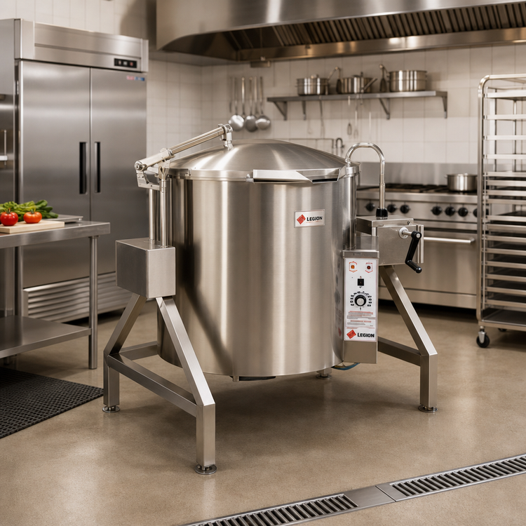 Product image #2 for Legion TLGB-60F 60-Gallon Low-Rim Tilting Gas Steam Kettle, Self-Contained Floor Model