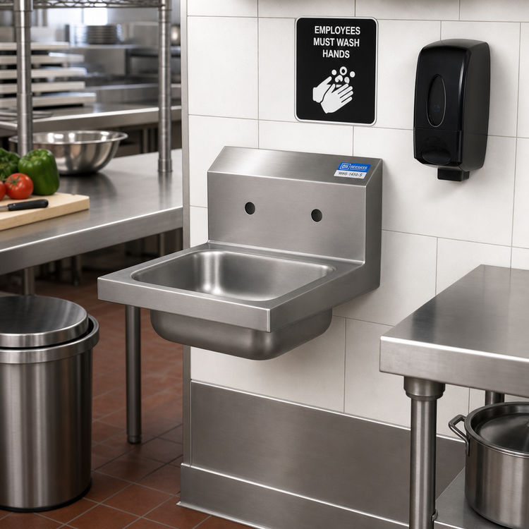 Product image #2 for BK Resources Wall-Mount Hand Sink with 14-Inch x 10-Inch x 5-Inch Bowl, 304 Stainless Steel, 8-Inch OC Faucet Holes