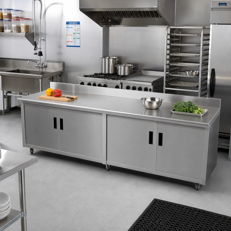 Product image #2 for Advance Tabco Special Value Series Cabinet Base Enclosed Work Table, 84 x 30 Inches, 304 Stainless Steel Top, 5-Inch Backsplash