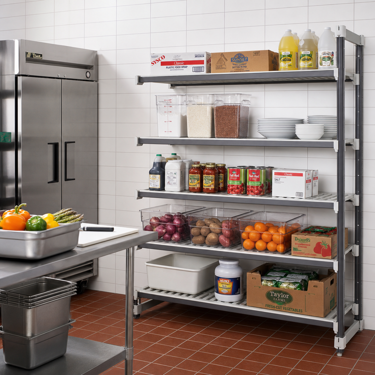 Product image #2 for Cambro Camshelving Elements XTRA 5-Tier Stationary Add-On Vented Polymer Shelving Unit, 21-Inch Deep x 72-Inch Wide x 64-Inch High, Speckled Gray