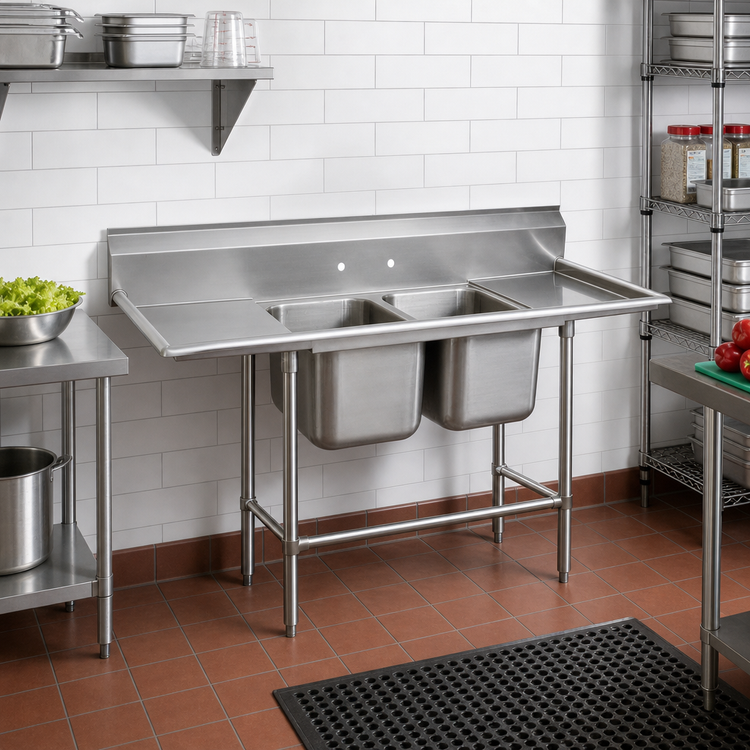 Product image #2 for Advance Tabco Regaline 2-Compartment Floor Model Stainless Steel Sink with Left and Right Drainboards, 20 x 20 x 14-Inch Bowls