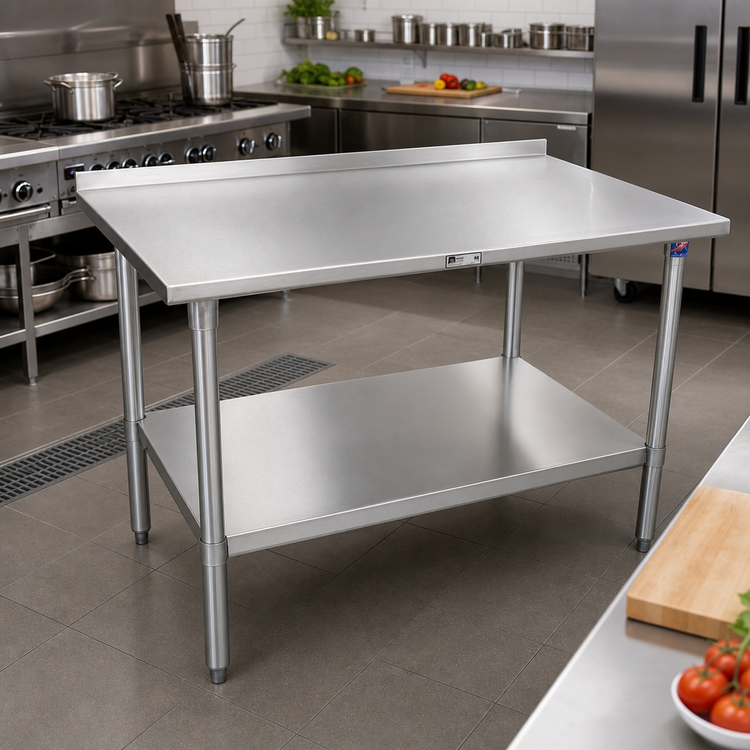 Product image #2 for John Boos Stallion 84"W x 24"D 16-Gauge Stainless Steel Work Table with 1-1/2" Rear Riser and Adjustable Undershelf