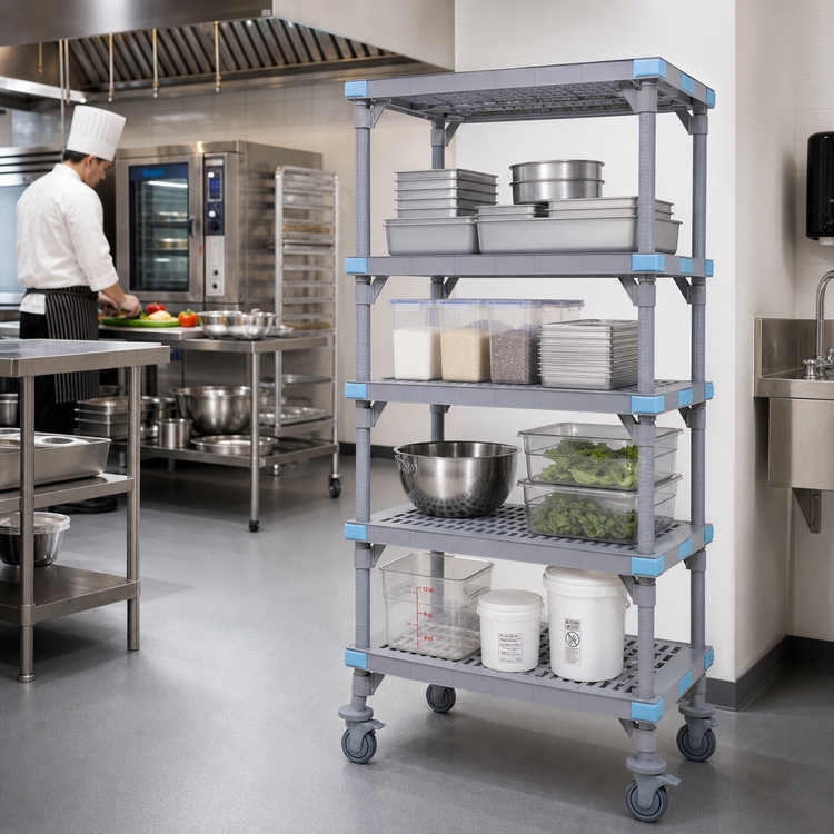 Product image #2 for Millenia 4-Shelf Mobile Polymer Shelving Starter Unit, 24 x 21 x 62 Inches, Gray