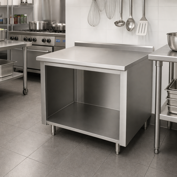 Product image #2 for Advance Tabco Stainless Steel Work Table with Open Front Cabinet Base, 36 Inch W x 24 Inch D, 1-1/2 Inch Rear Backsplash
