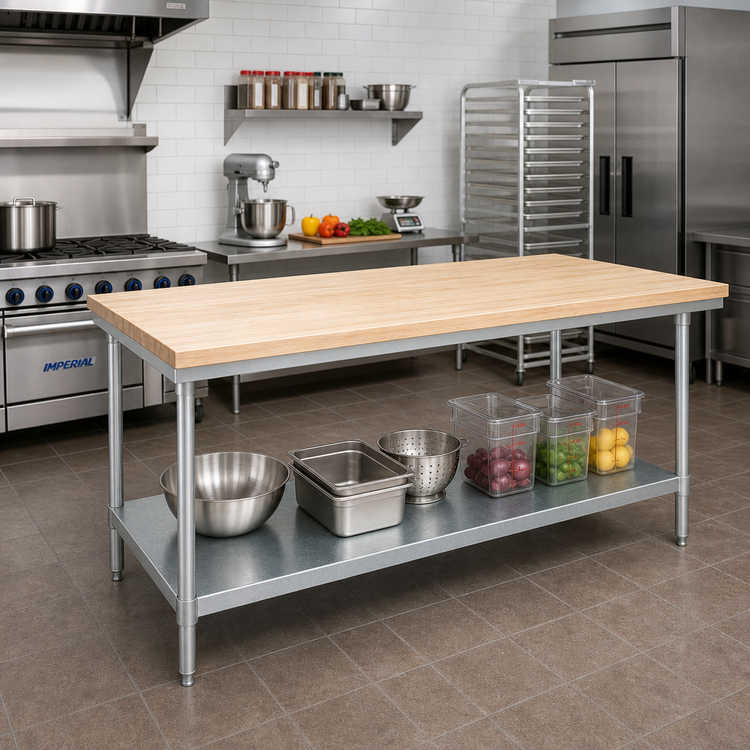 Product image #2 for Advance Tabco Maple Top Work Table with Adjustable Undershelf, 84 x 36 Inches, Galvanized Base