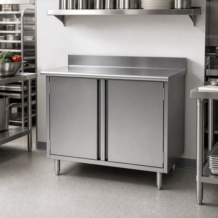 Product image #2 for Spec-Master Enclosed Work Table with Hinged Doors, 72 x 24 Inches, 14-Gauge 304 Stainless Steel Top, 4-1/2 Inch Backsplash