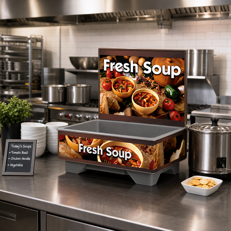 Product image #2 for Vollrath Cayenne 1220 Full-Size Rethermalizing Soup Merchandiser, Base Only, with Country Kitchen Graphics and Flush-Mount Menu Board