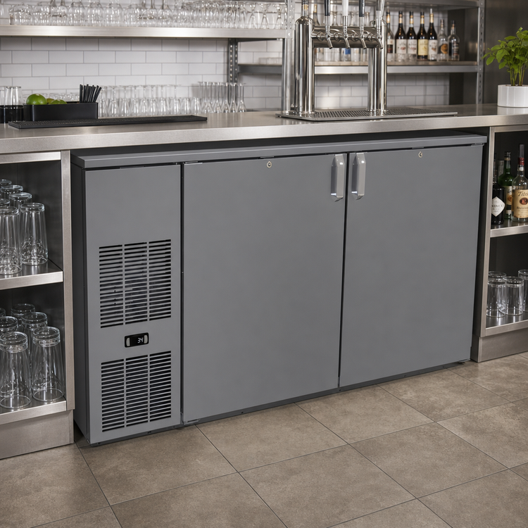 Product image #2 for Glastender Pass-Thru Front-Serviced Back Bar Cooler, 60 Inch, Two-Section, 4-Door