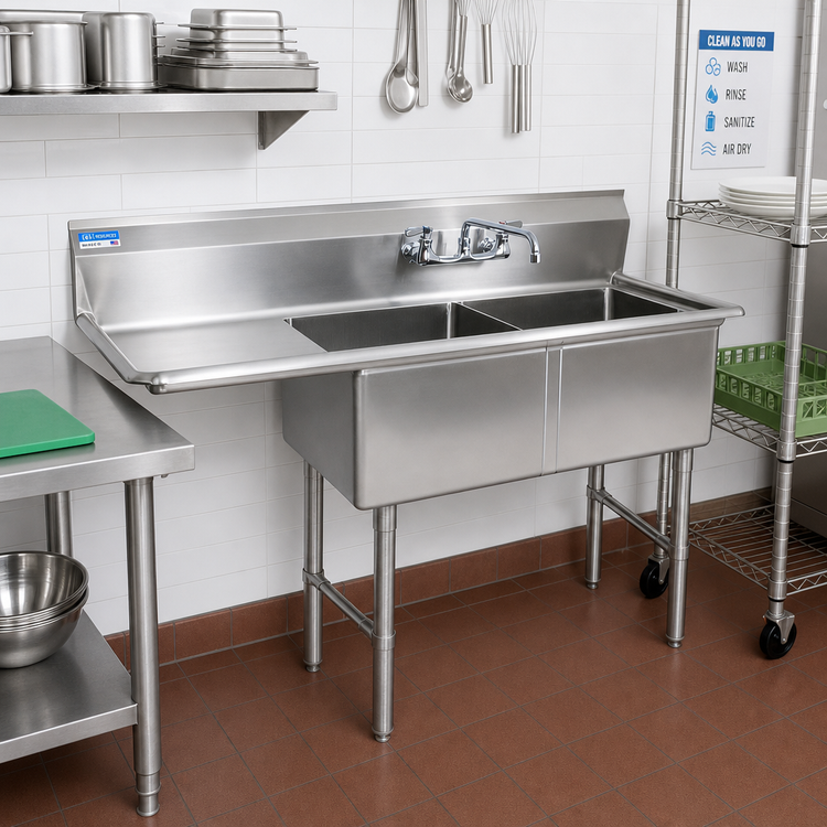 Product image #2 for BK Resources Two-Compartment Stainless Steel Sink with Left Drainboard, 24 x 24 x 14 Bowls