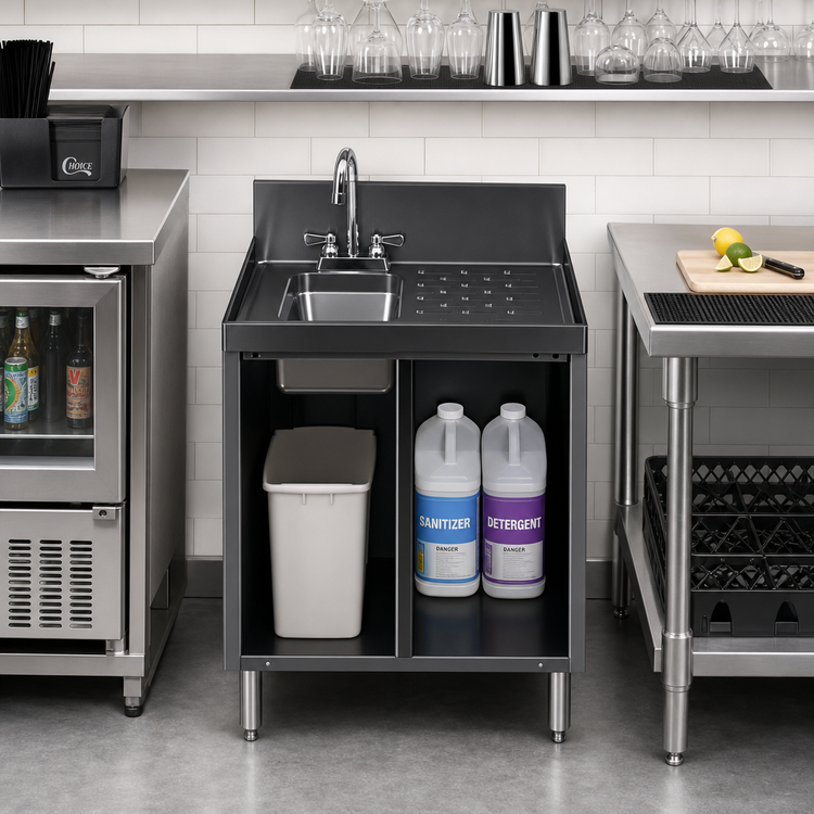 Product image #2 for CHOICE 24-Inch Stainless Steel Underbar Hand & Dump Sink Cabinet with Right Drainboard and Chemical Storage