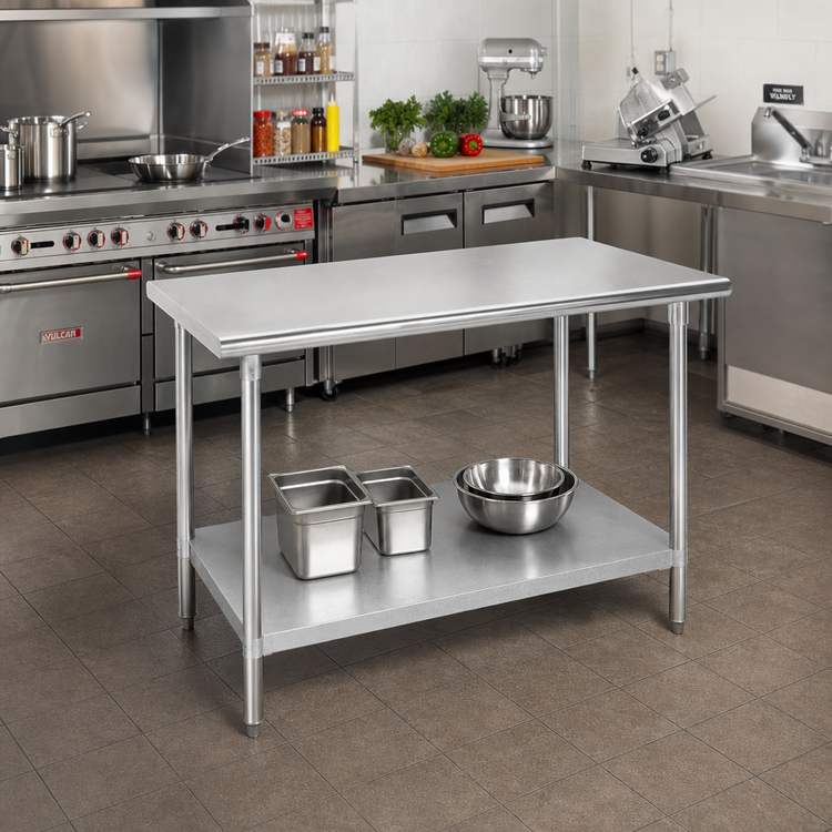 Product image #2 for Advance Tabco 48-Inch x 24-Inch Flat Top Stainless Steel Work Table with Galvanized Undershelf and Legs