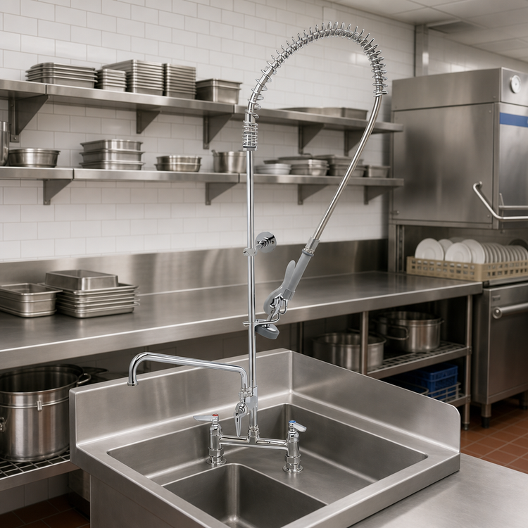 Product image #2 for T&S Brass EasyInstall Deck-Mount Pre-Rinse Unit with Add-On Faucet, 8-Inch Adjustable Centers, 12-Inch Swing Spout, and 44-Inch Hose