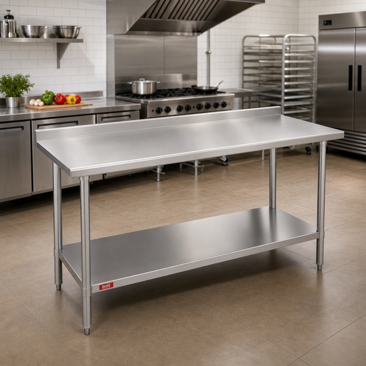 Product image #2 for Duke 48 x 36 16-Gauge 400 Series Stainless Steel Work Table with 1-1/8-Inch Straight Riser and Stainless Undershelf