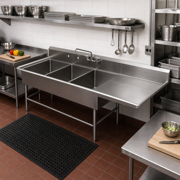 Product image #2 for John Boos Pro-Bowl 3-Compartment Sink with 24-Inch Right Drainboard, 88-3/16-Inch W x 33-1/2-Inch D, 14-Gauge Stainless Steel
