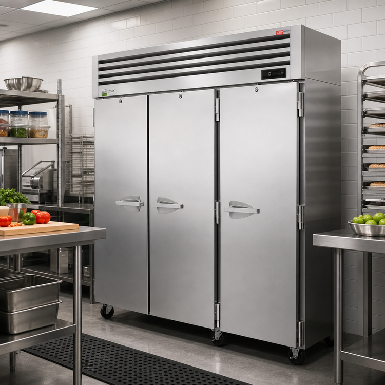 Product image #2 for Turbo Air PRO Series Three-Section Reach-In Freezer with All Left-Hinged Solid Doors, 74.94 Cu. Ft., Top-Mount Self-Contained Compressor