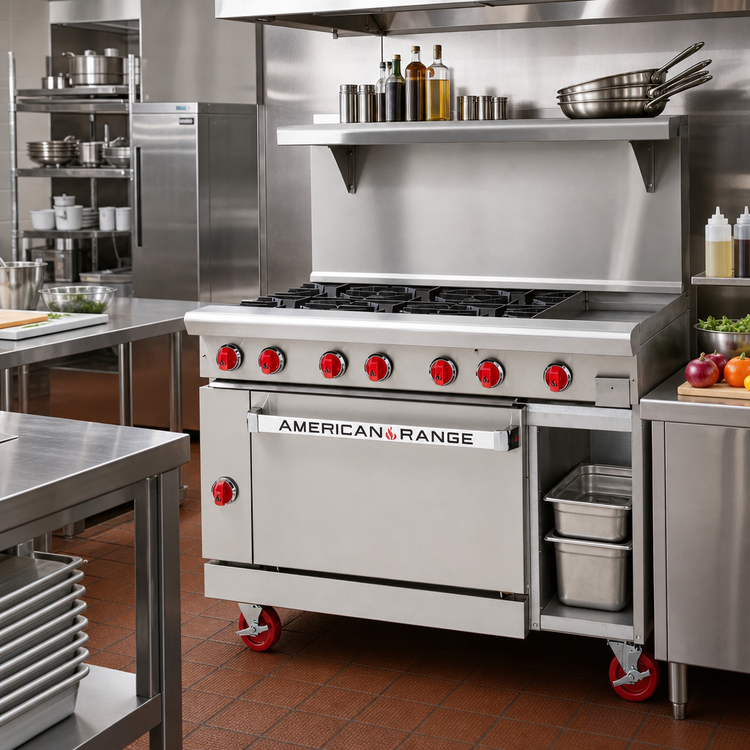 Product image #2 for American Range 48-Inch 8-Burner Gas Restaurant Range with 26-1/2-Inch Standard Oven Left and 11-Inch Storage Base Right