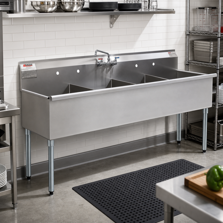 Product image #2 for Eagle Group Four-Compartment Utility Sink, No Drainboards, 73-3/8" W x 28" D, 16-Gauge 304 Stainless Steel, With Galvanized Legs