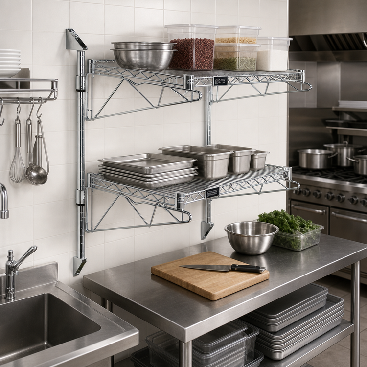 Product image #2 for Wall-Mounted Cantilever Double Shelf Wire Shelving Unit, 36 x 21 Inches