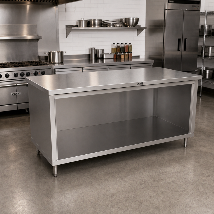 Product image #2 for John Boos 84" W x 36" D Stainless Steel Work Table with Cabinet Base and Open Front