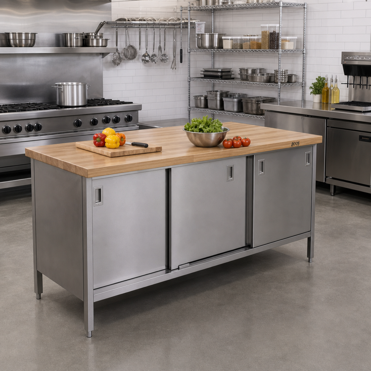 Product image #2 for John Boos Maple Top Work Table with Sliding Doors and Stainless Steel Cabinet Base, 84 x 30 Inches
