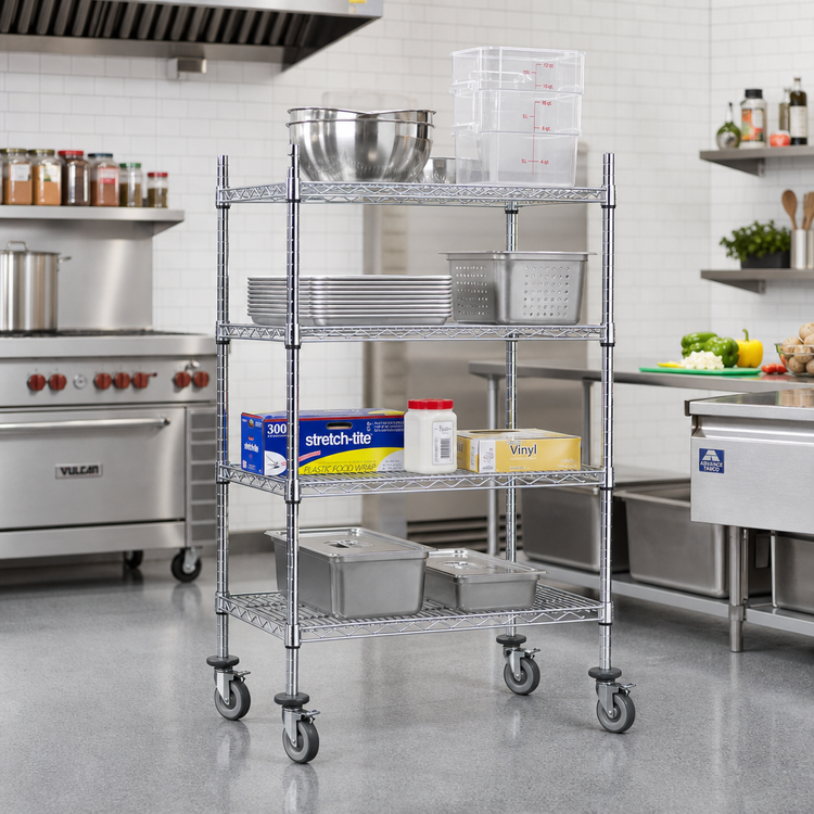 Product image #2 for Advance Tabco Chrome Wire Mobile Cart with 4 Shelves, 24 x 36 Inches