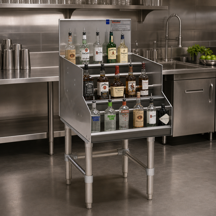 Product image #2 for Spec-Bar 24-Inch Wide Freestanding Liquor Bottle Display Unit, 4-Step Open Design, Single Speed Rail Alignment