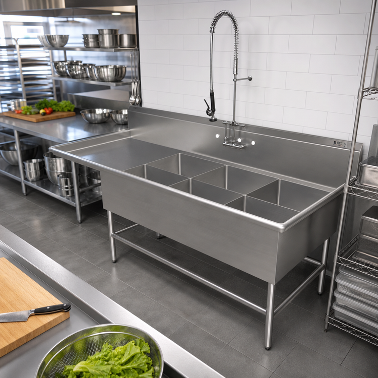 Product image #2 for John Boos Pro-Bowl 4-Compartment Sink with 24-Inch Left Drainboard, 20 x 20 x 12-Inch Compartments, 14-Gauge Stainless Steel