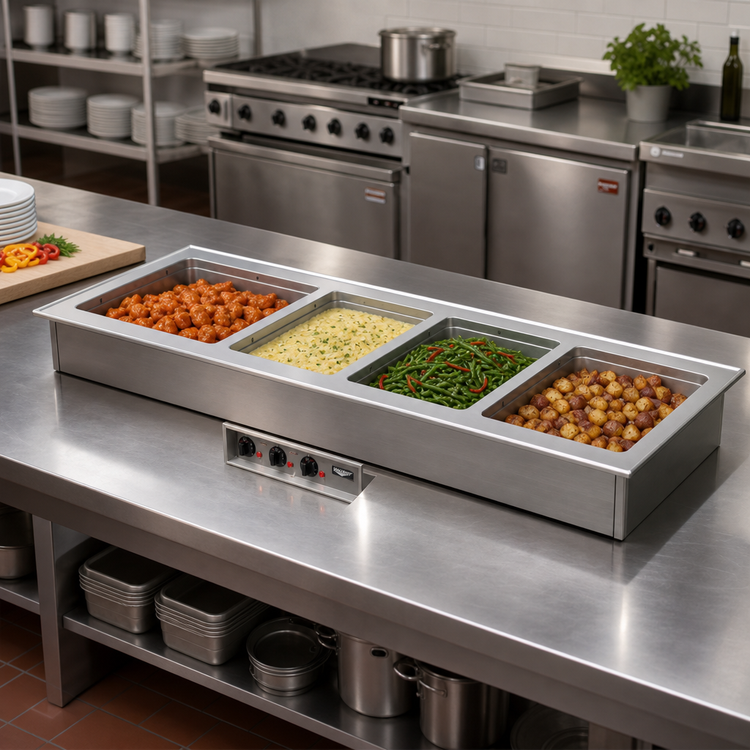 Product image #2 for Vollrath 4-Pan Short-Sided Drop-In Hot Well with Thermostatic Controls, Manifold Drain, and 208-240V Power