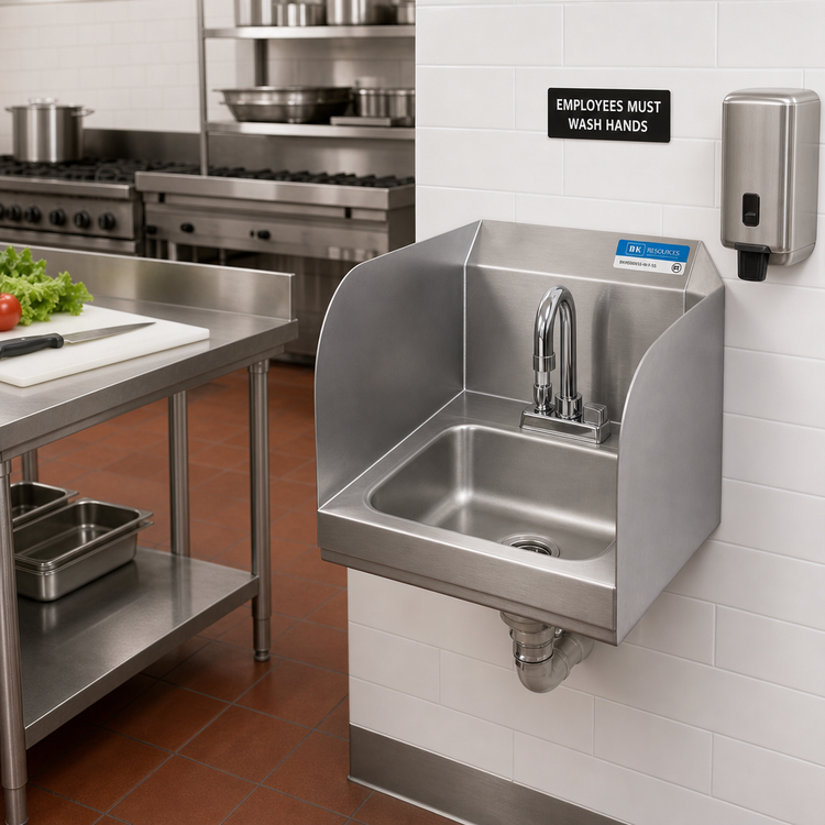 Product image #2 for BK Resources 9 x 9 Space Saver Wall-Mounted Hand Sink with Lead-Free Deck-Mount Faucet and Dual Side Splashes