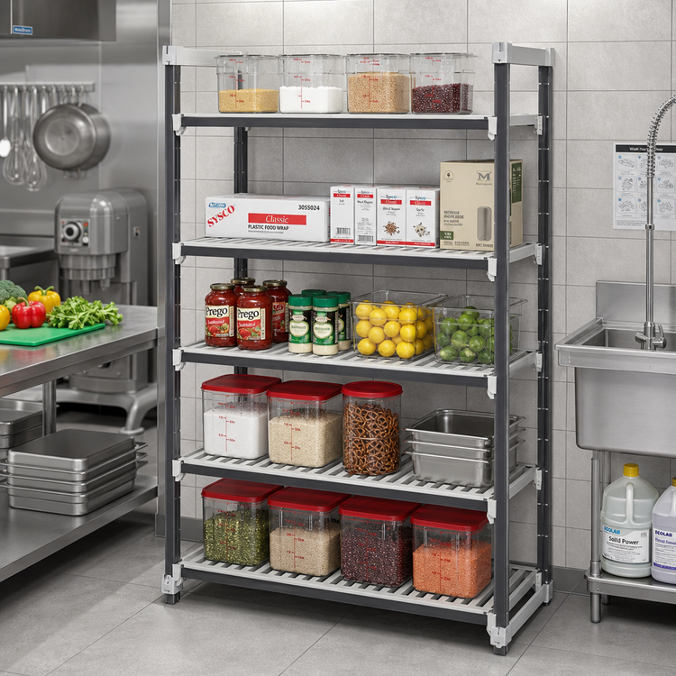 Product image #2 for Cambro Camshelving Elements XTRA 5-Tier Stationary Starter Unit, 21" D x 60" L x 72" H, Vented, Speckled Gray