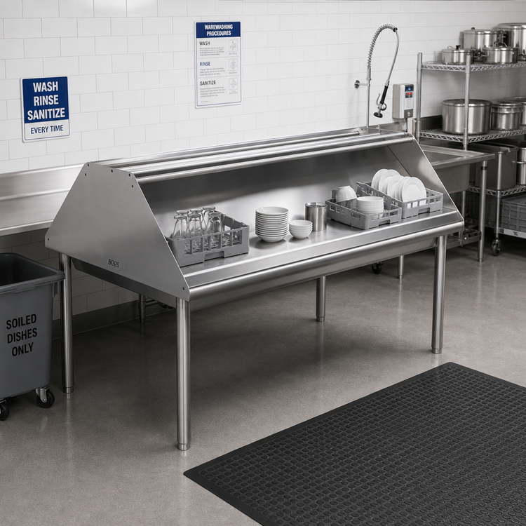 Product image #2 for John Boos Double-Sided Solid Stainless Steel Sorting Shelf for Soiled Dish Tables, 96 x 30-1/2 Inch