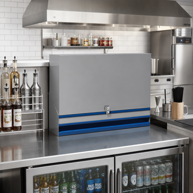 Product image #2 for Advance Tabco Prestige 30-Inch Single-Tier Stainless Steel Speed Rail with Locking Cover, 7-Bottle Capacity