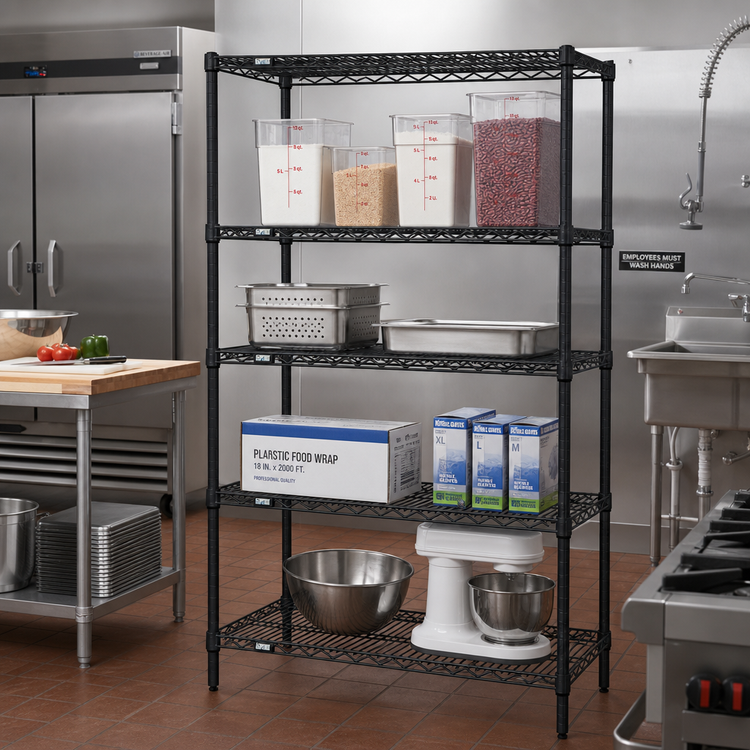 Product image #2 for Quantum 42"W x 30"D x 54"H Stationary Wire Shelving Starter Kit, 4-Shelf, Black Epoxy Antimicrobial Finish