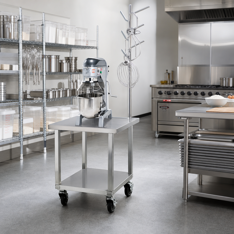 Product image #2 for New Age Mobile Mixer Stand, 29"W x 23"D x 28"H, Stainless Steel Top, Undershelf, Accessory Tree