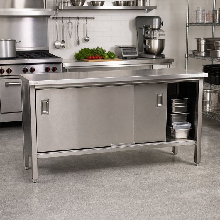 Product image #2 for John Boos Enclosed Stainless Steel Work Table with Cabinet Base and Sliding Doors, 144 x 24 Inches, 14-Gauge 300 Series Top