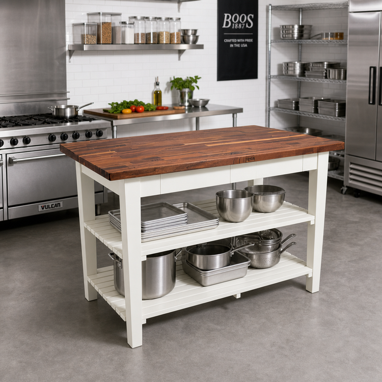 Product image #3 for John Boos 60-Inch x 36-Inch American Black Walnut Wood Top Work Table with Painted Base and Slatted Undershelves