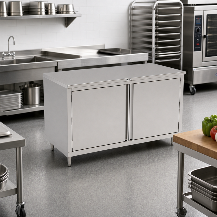 Product image #2 for John Boos Stainless Steel Enclosed Work Table with Cabinet Base and Hinged Doors, 60 x 24 Inches