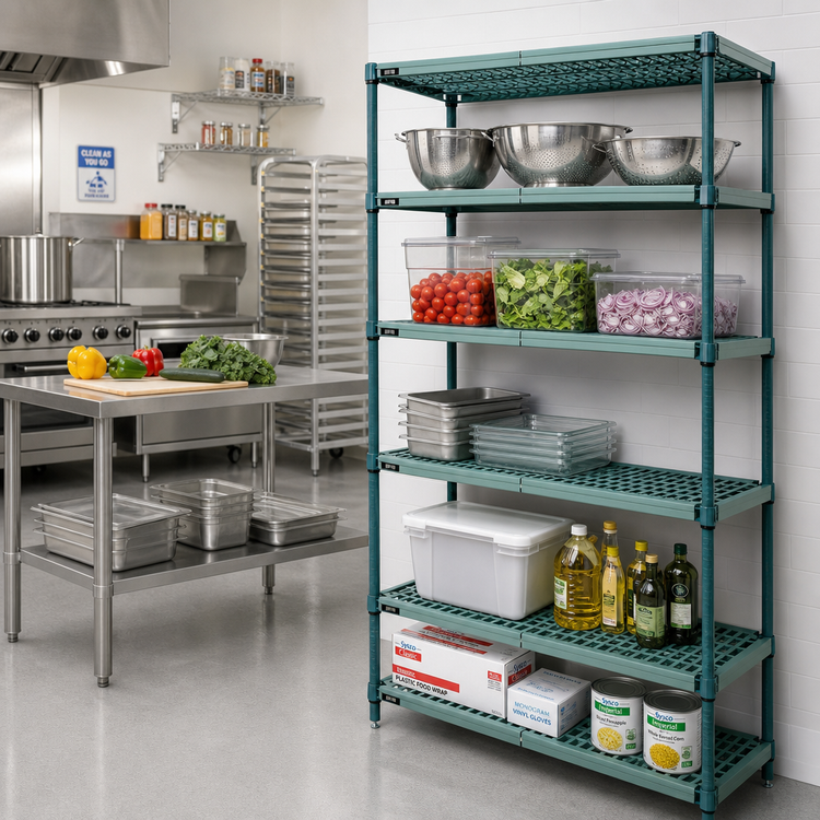 Product image #2 for Quantum 5-Tier Stationary Wire Plastic Mat Shelving Unit, 30"W x 21"D x 86"H, Green Epoxy Antimicrobial Finish