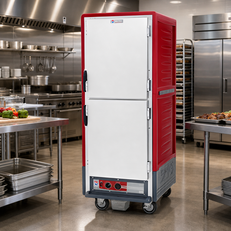 Product image #2 for Metro C5 3 Series Full-Height Mobile Heated Holding Cabinet with Dutch Solid Doors and Fixed Wire Slides