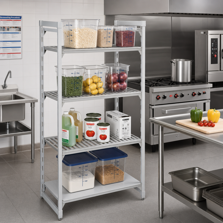 Product image #3 for Cambro Camshelving Premium Stationary Starter Unit, 24 x 24 x 64 Inches, 4-Tier Polymer Shelving Unit with 3 Vented and 1 Solid Shelf Plates
