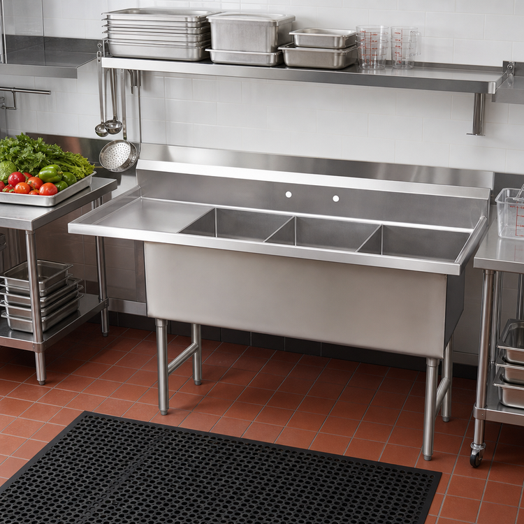 Product image #2 for Advance Tabco 3-Compartment Fabricated Sink with 24-Inch Left Drainboard, 15 x 24 x 14-Inch Bowls, 14 Gauge 304 Stainless Steel
