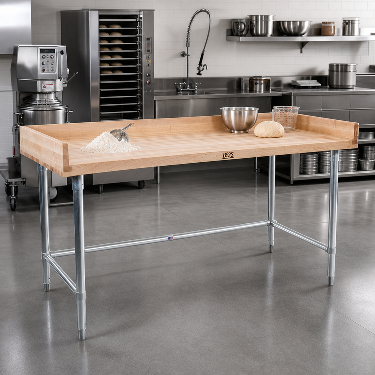 Product image #2 for John Boos Bakers' Top Work Table, 120" W x 24" D, Northern Hard Rock Maple Top, Stainless Steel Legs