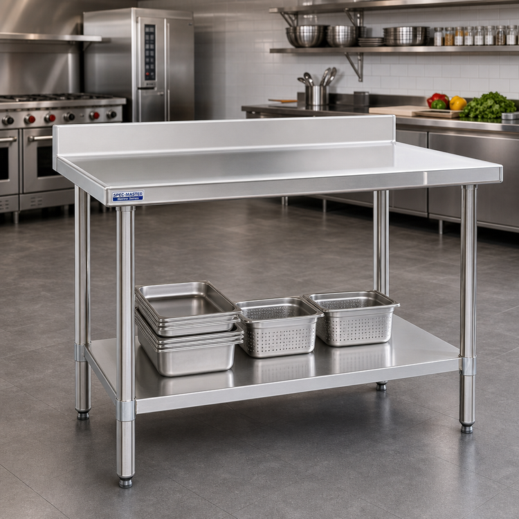 Product image #2 for Spec-Master Marine Series 60" W x 36" D Stainless Steel Work Table with 4-1/2" Backsplash and Adjustable Undershelf