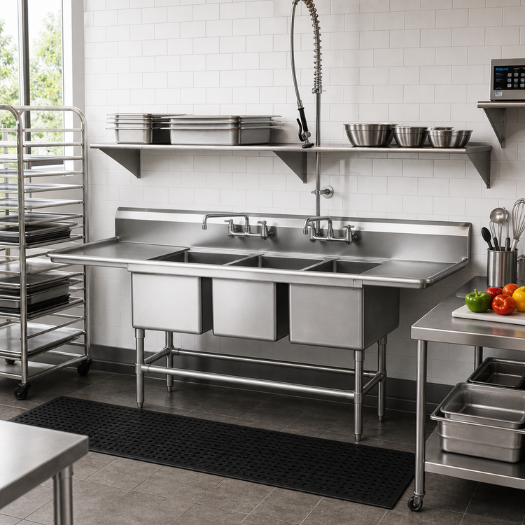 Product image #2 for Spec-Master FN2472-3-36-14/3 14 Gauge Stainless Steel Three-Compartment Commercial Sink with 36-Inch Dual Drainboards