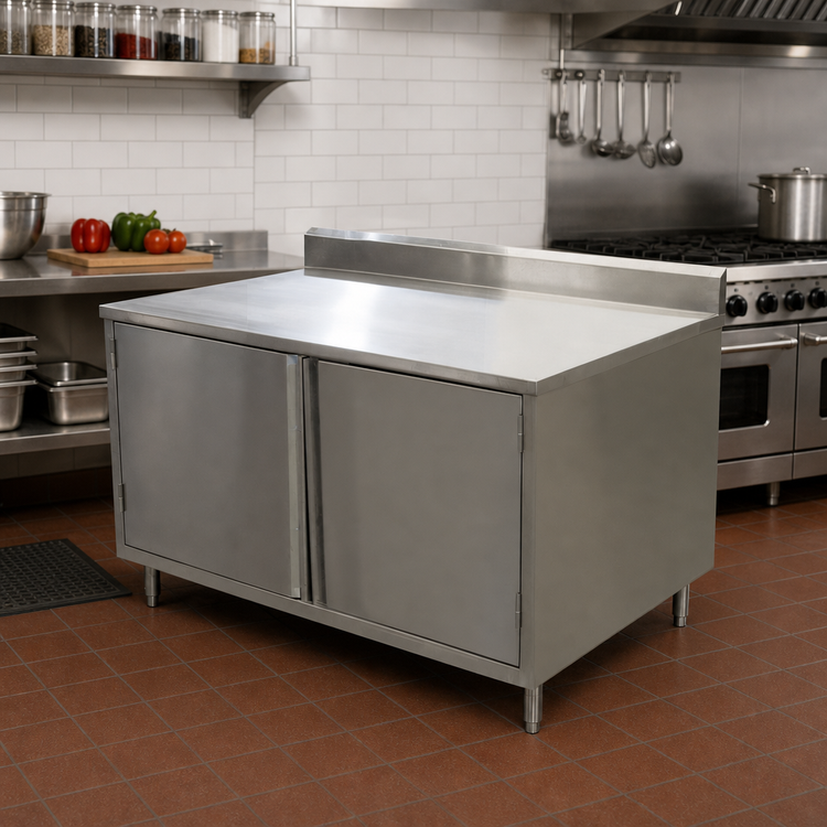 Product image #2 for BK Resources 36 x 30 Inch Stainless Steel Enclosed Work Table with Cabinet Base, Hinged Doors, and 5-Inch Backsplash