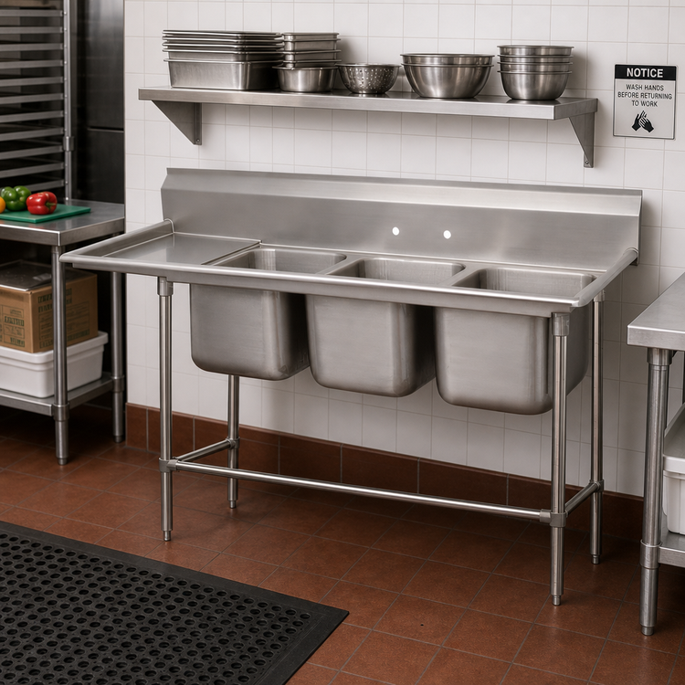 Product image #2 for Advance Tabco Regaline 3-Compartment Sink with Left-Hand Drainboard, 20 x 20 Inch Bowls
