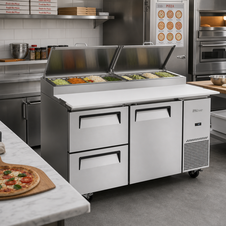 Product image #2 for Turbo Air Super Deluxe 67-Inch Two-Section Pizza Prep Table with 1 Door, 2 Drawers, and 20 Cu. Ft. Capacity