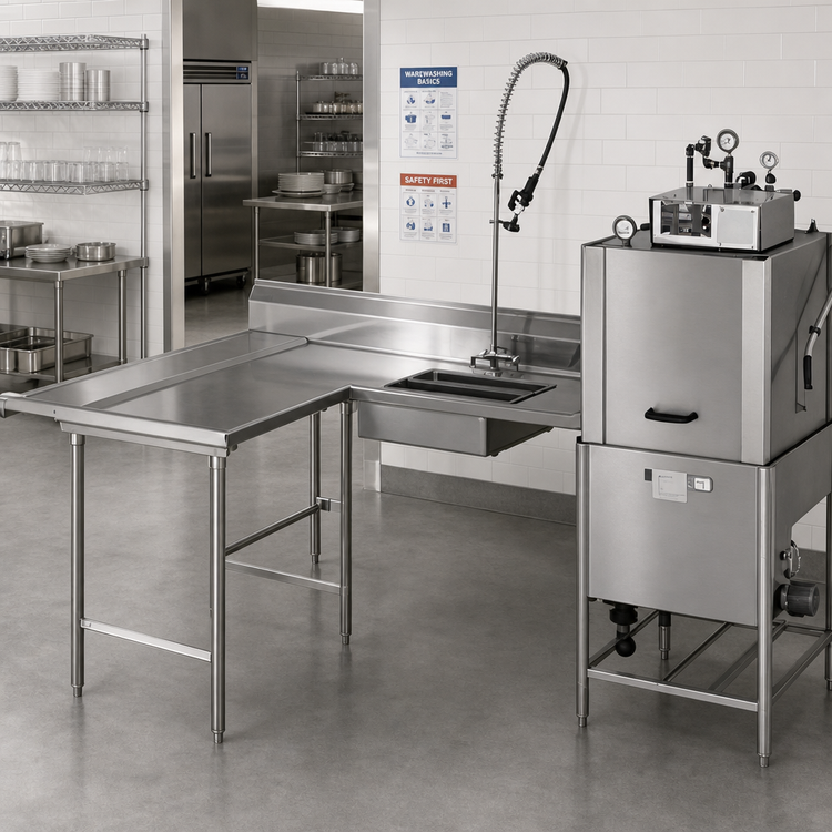 Product image #2 for Eagle Group Island Soiled Dishtable with Dish Landing Shelf and Pre-Rinse Sink, 96 in Machine-to-Corner, 60 in Corner-to-End, Right-to-Left Operation