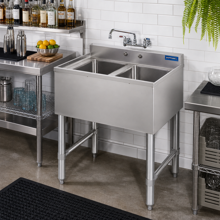 Product image #2 for Sapphire Manufacturing SMBS-2 Two-Compartment Underbar Sink with Wall-Mount Faucet and Overflow Kit